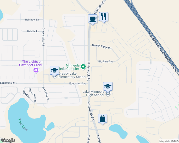 map of restaurants, bars, coffee shops, grocery stores, and more near North Hancock Road in Clermont