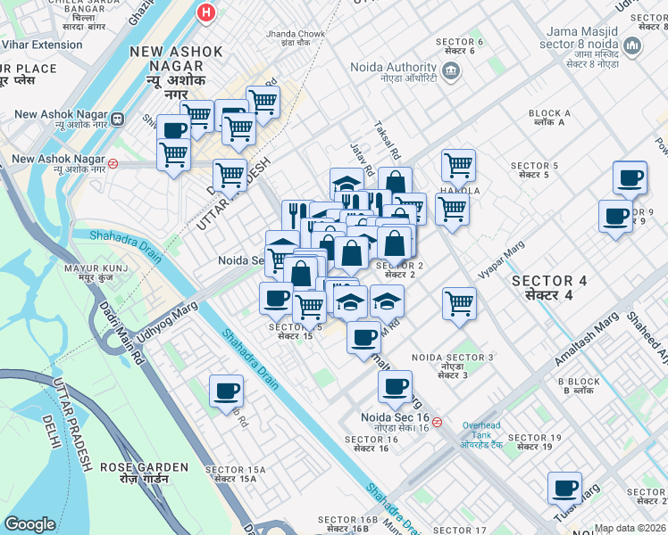 map of restaurants, bars, coffee shops, grocery stores, and more near in Noida