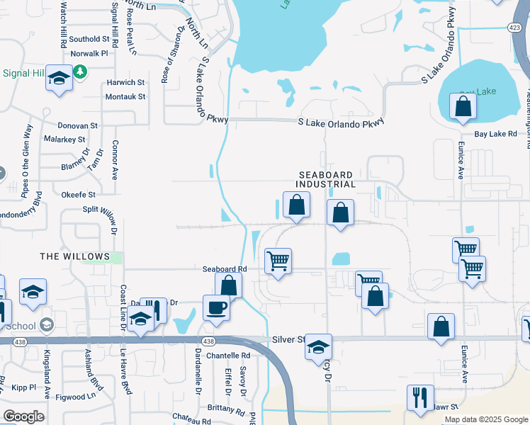 map of restaurants, bars, coffee shops, grocery stores, and more near 4200 Shader Road in Orlando