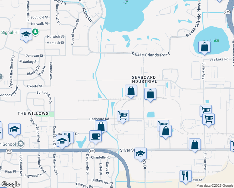map of restaurants, bars, coffee shops, grocery stores, and more near 4200 Shader Road in Orlando