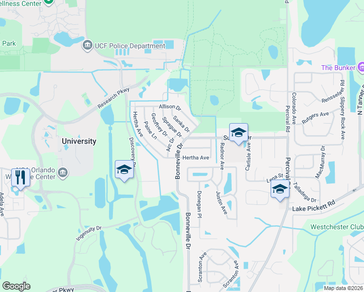 map of restaurants, bars, coffee shops, grocery stores, and more near 2801 Sprague Drive in Orlando