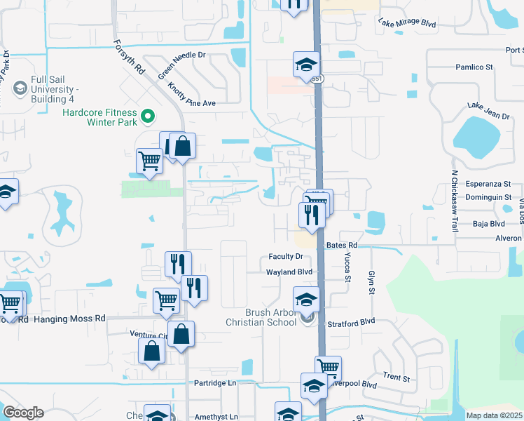 map of restaurants, bars, coffee shops, grocery stores, and more near 7229 Swallow Run in Winter Park
