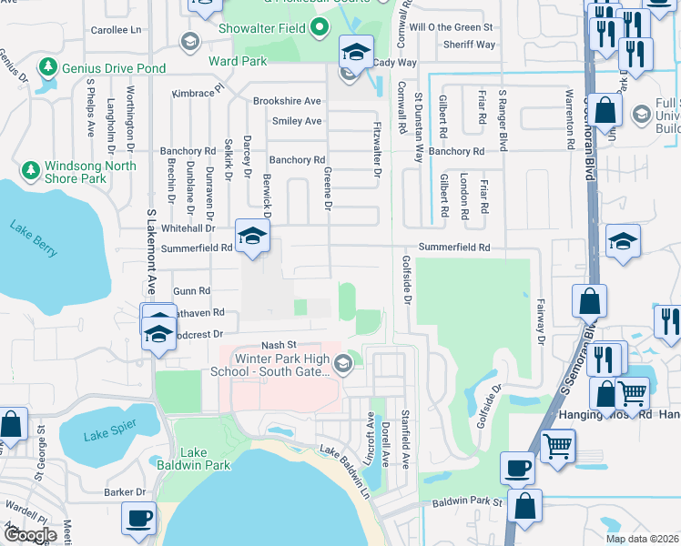 map of restaurants, bars, coffee shops, grocery stores, and more near 2349 Sherbrooke Road in Winter Park