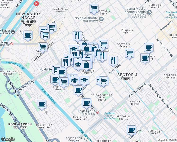 map of restaurants, bars, coffee shops, grocery stores, and more near in Noida
