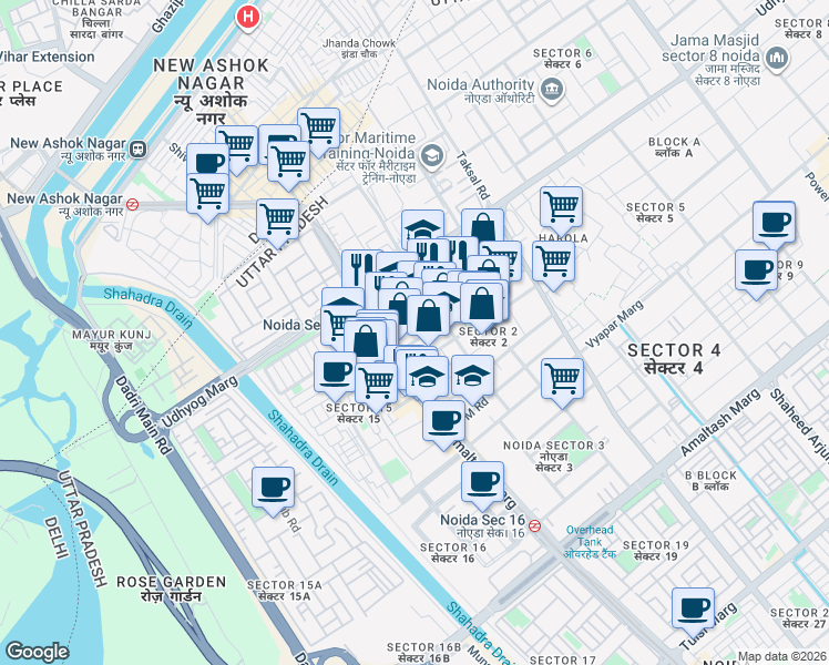 map of restaurants, bars, coffee shops, grocery stores, and more near in Noida