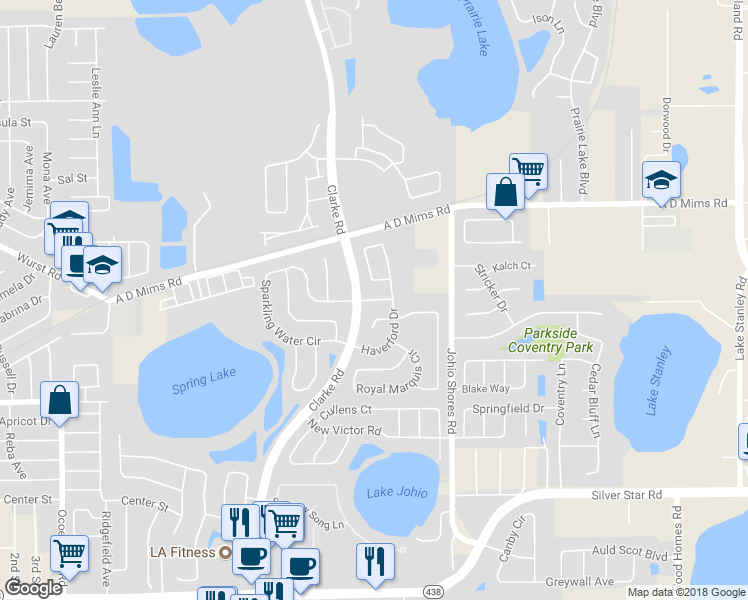 map of restaurants, bars, coffee shops, grocery stores, and more near 1952 Edinborough Place in Ocoee