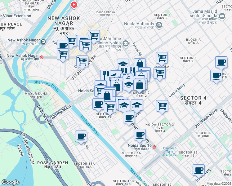 map of restaurants, bars, coffee shops, grocery stores, and more near in Noida