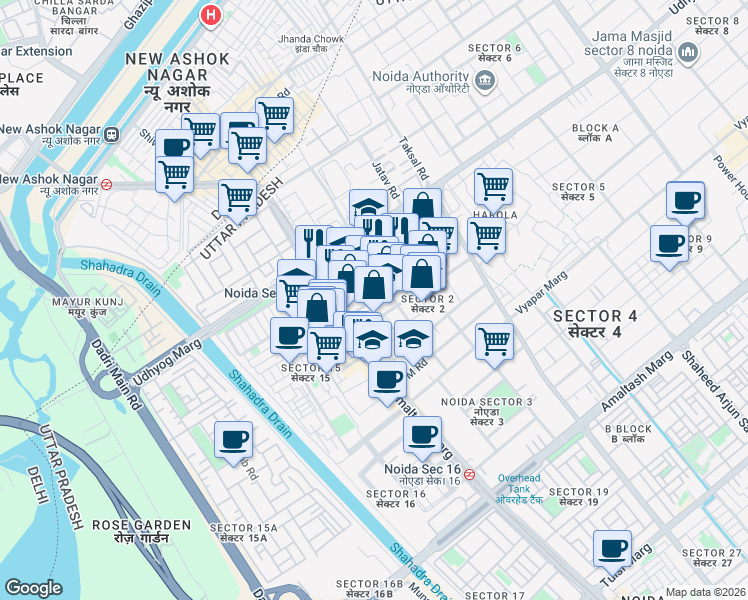 map of restaurants, bars, coffee shops, grocery stores, and more near in Noida