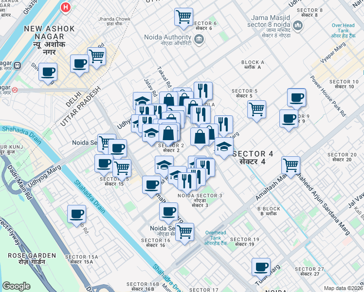 map of restaurants, bars, coffee shops, grocery stores, and more near in Noida