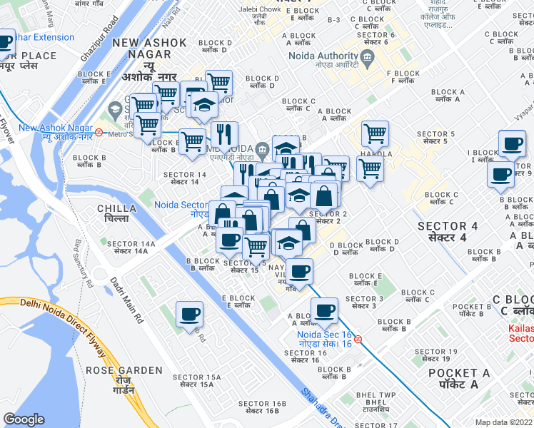 map of restaurants, bars, coffee shops, grocery stores, and more near Captain Vijyant Thapar Marg in Noida