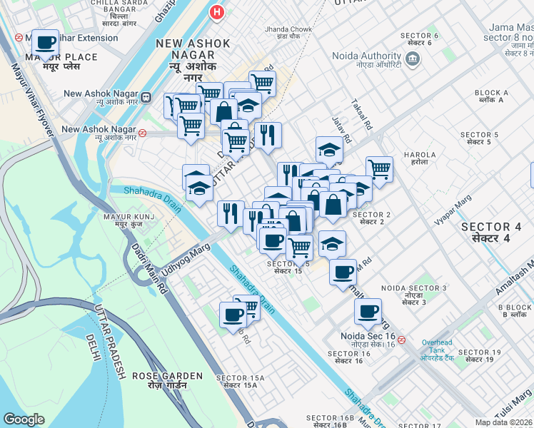 map of restaurants, bars, coffee shops, grocery stores, and more near A-1 Udhyog Marg in Noida