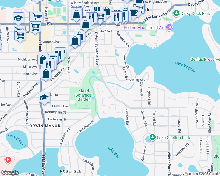 map of restaurants, bars, coffee shops, grocery stores, and more near 1350 South Pennsylvania Avenue in Winter Park