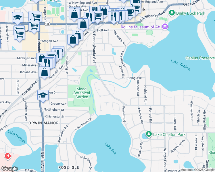 map of restaurants, bars, coffee shops, grocery stores, and more near 1350 South Pennsylvania Avenue in Winter Park
