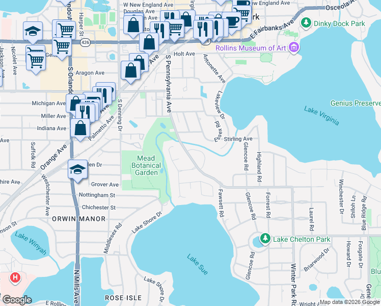 map of restaurants, bars, coffee shops, grocery stores, and more near 1350 South Pennsylvania Avenue in Winter Park
