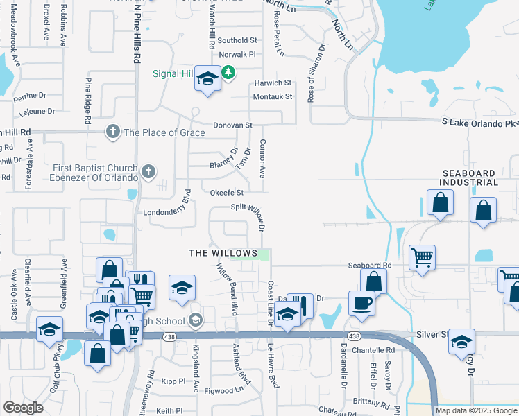 map of restaurants, bars, coffee shops, grocery stores, and more near 4708 Okeefe Street in Orlando