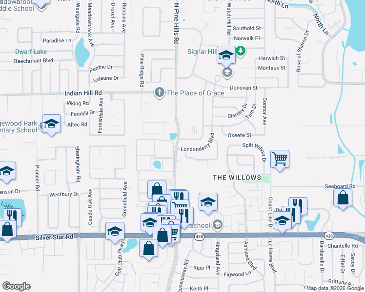 map of restaurants, bars, coffee shops, grocery stores, and more near in Pine Hills