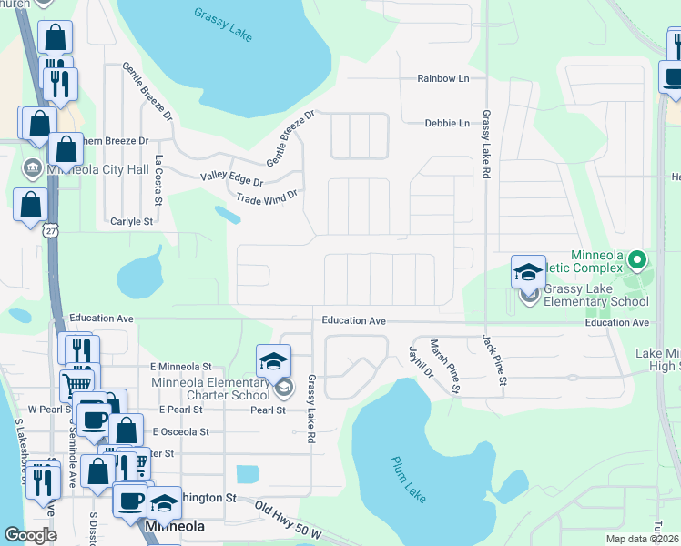 map of restaurants, bars, coffee shops, grocery stores, and more near 1337 Wildcat Lane in Minneola