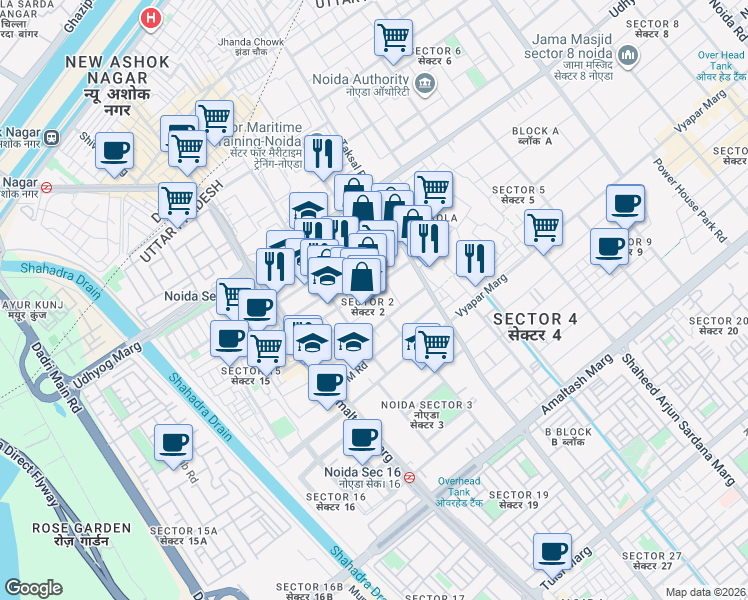 map of restaurants, bars, coffee shops, grocery stores, and more near in Noida