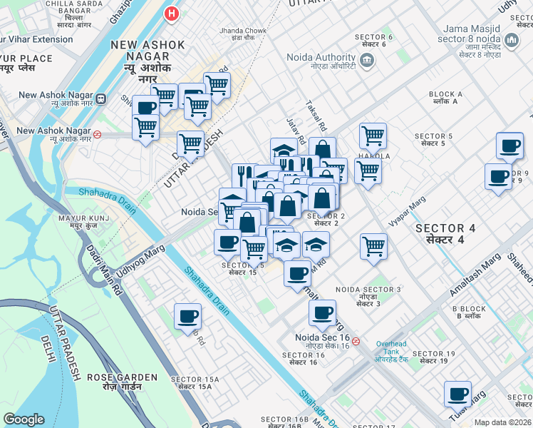 map of restaurants, bars, coffee shops, grocery stores, and more near in Noida