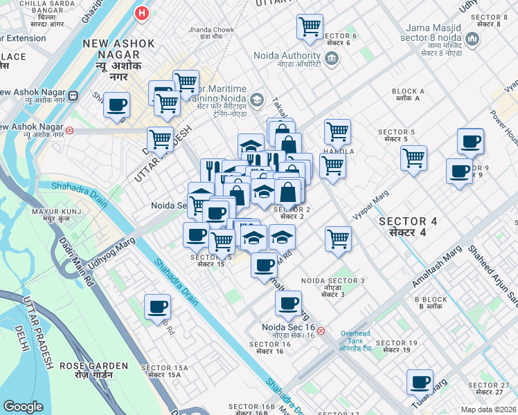 map of restaurants, bars, coffee shops, grocery stores, and more near in Noida