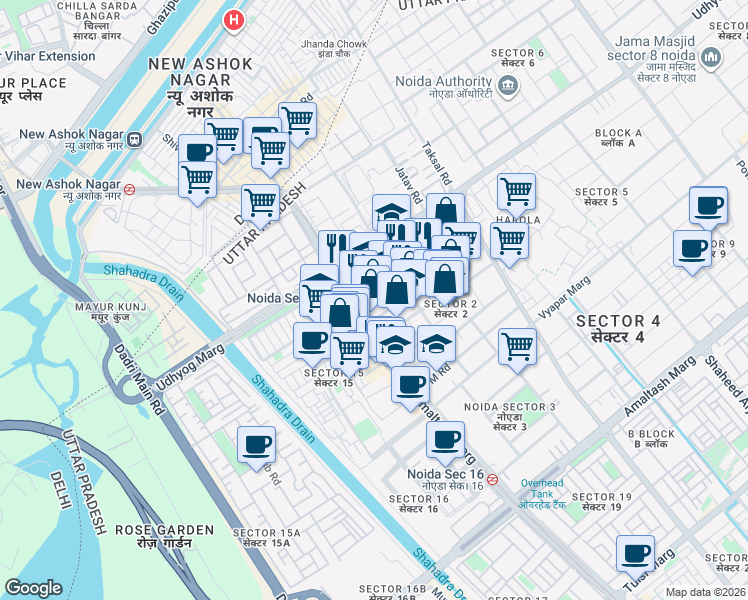 map of restaurants, bars, coffee shops, grocery stores, and more near in Noida