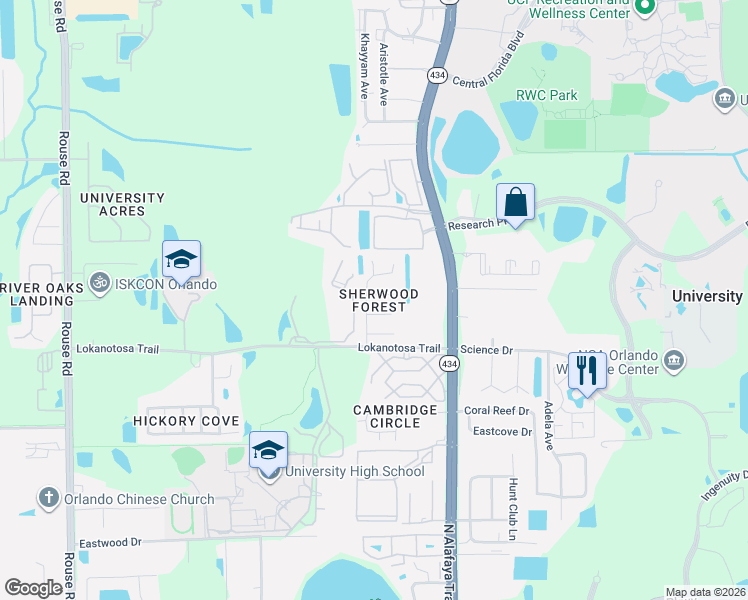 map of restaurants, bars, coffee shops, grocery stores, and more near 3222 Vishaal Drive in Orlando