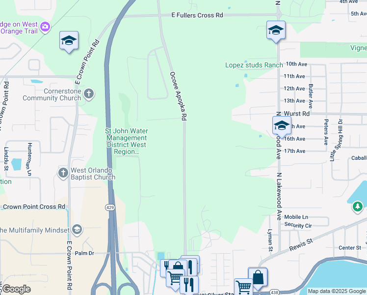 map of restaurants, bars, coffee shops, grocery stores, and more near 1047 Ocoee Apopka Road in Ocoee