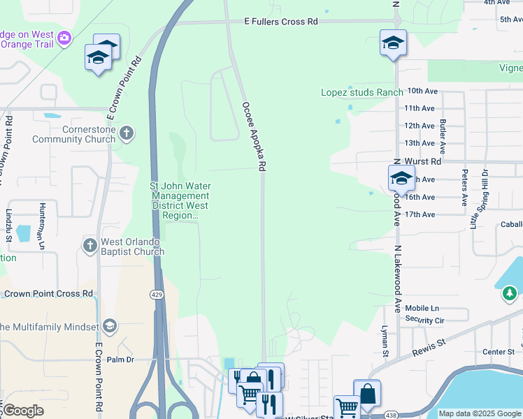 map of restaurants, bars, coffee shops, grocery stores, and more near 1260 Ocoee Apopka Road in Apopka