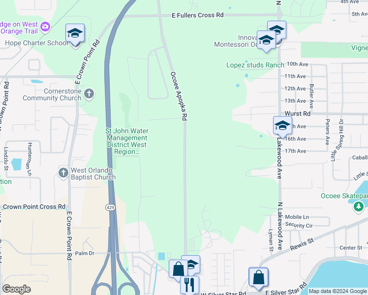 map of restaurants, bars, coffee shops, grocery stores, and more near 1260 Ocoee Apopka Road in Apopka