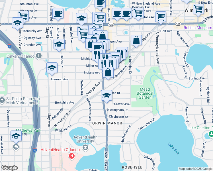 map of restaurants, bars, coffee shops, grocery stores, and more near 1320 Orlando Avenue in Winter Park