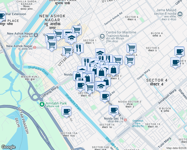 map of restaurants, bars, coffee shops, grocery stores, and more near in Noida