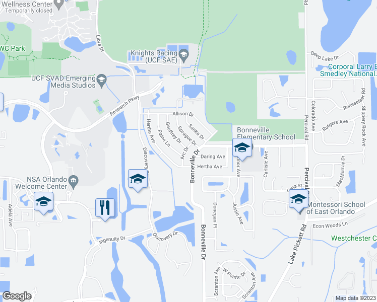 map of restaurants, bars, coffee shops, grocery stores, and more near 2807 Arc Drive in Orlando