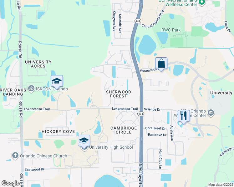 map of restaurants, bars, coffee shops, grocery stores, and more near 11606 Anjali Court in Orlando