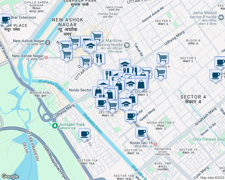 map of restaurants, bars, coffee shops, grocery stores, and more near Captain Vijyant Thapar Marg in Noida