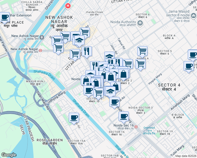 map of restaurants, bars, coffee shops, grocery stores, and more near Captain Vijyant Thapar Marg in Noida