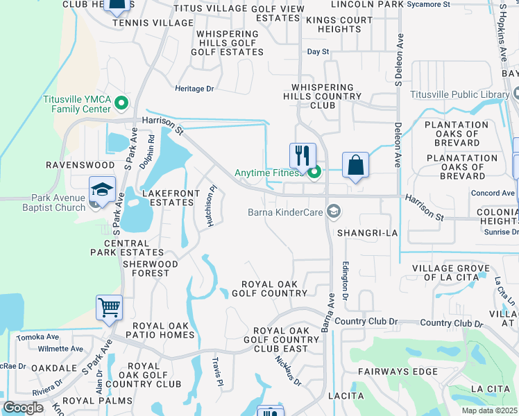 map of restaurants, bars, coffee shops, grocery stores, and more near 1775 Harrison Street in Titusville