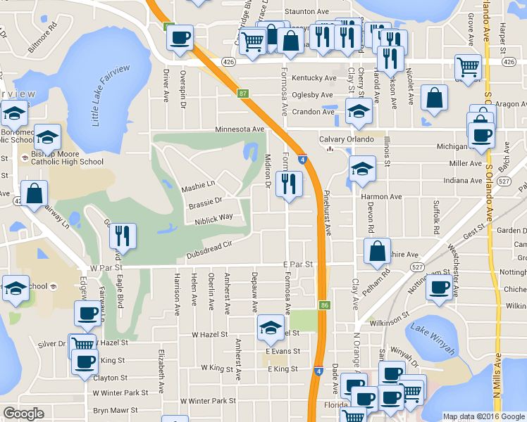 map of restaurants, bars, coffee shops, grocery stores, and more near 3505 Midiron Drive in Winter Park