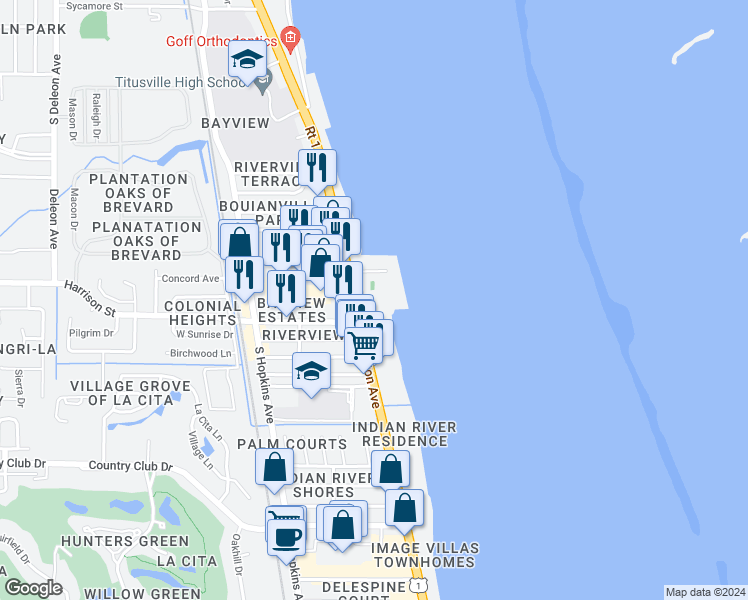 map of restaurants, bars, coffee shops, grocery stores, and more near 2503 South Washington Avenue in Titusville