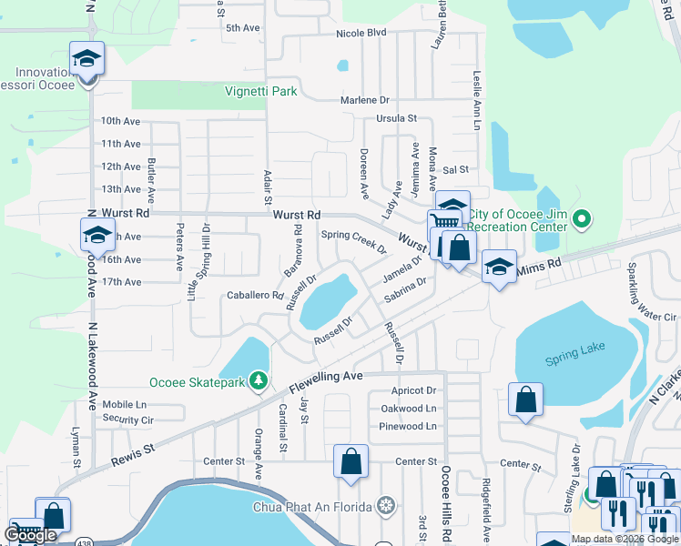 map of restaurants, bars, coffee shops, grocery stores, and more near 1206 Russell Drive in Ocoee