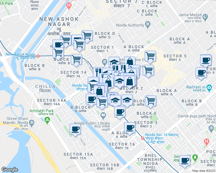 map of restaurants, bars, coffee shops, grocery stores, and more near in Noida