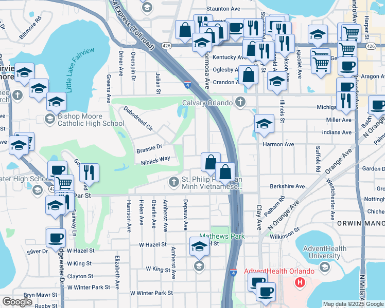 map of restaurants, bars, coffee shops, grocery stores, and more near 31 Stymie Place in Orlando