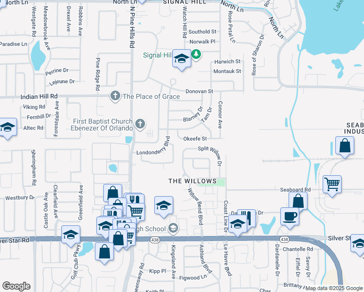 map of restaurants, bars, coffee shops, grocery stores, and more near 4904 Okeefe Street in Orlando