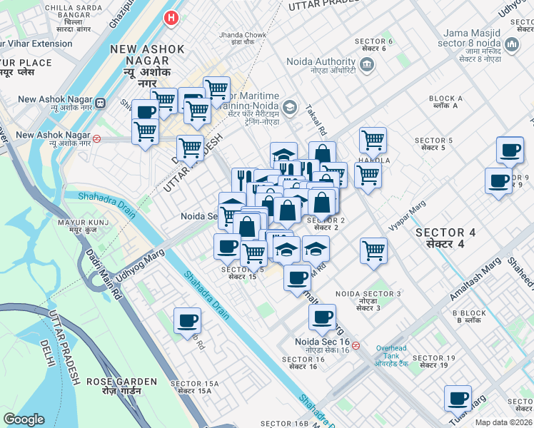 map of restaurants, bars, coffee shops, grocery stores, and more near in Noida