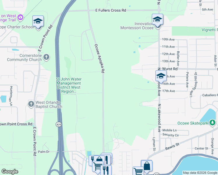 map of restaurants, bars, coffee shops, grocery stores, and more near 1047 Ocoee Apopka Road in Ocoee
