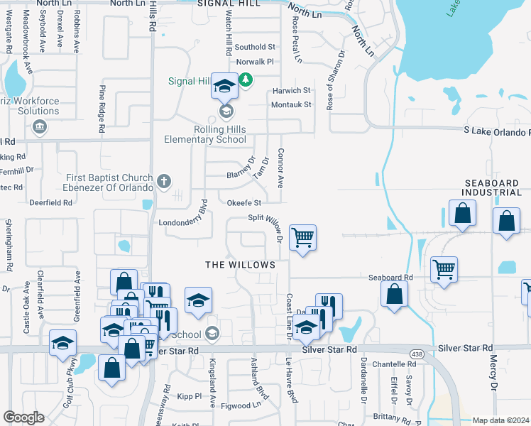 map of restaurants, bars, coffee shops, grocery stores, and more near 3213 Split Willow Drive in Orlando