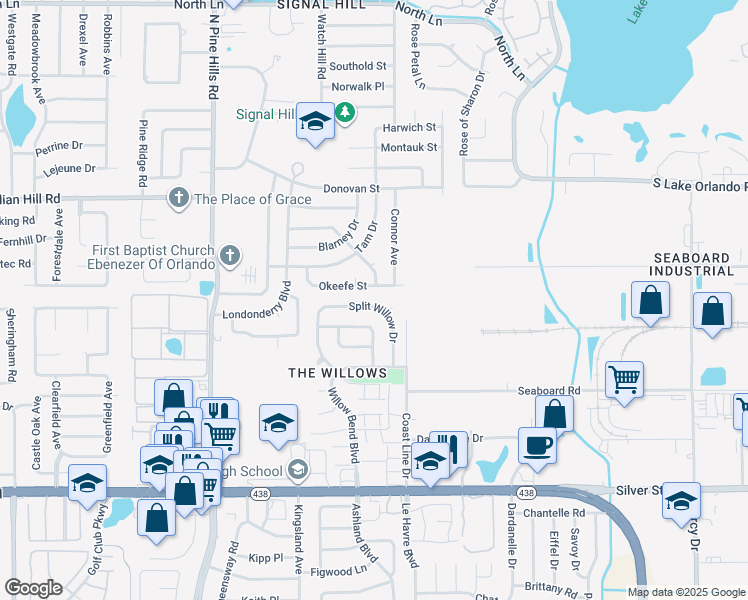 map of restaurants, bars, coffee shops, grocery stores, and more near 4708 Okeefe Street in Orlando