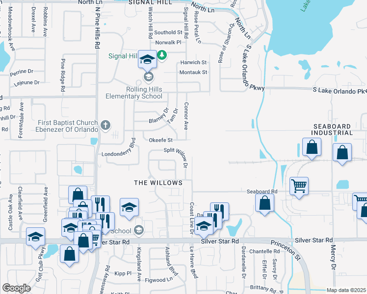 map of restaurants, bars, coffee shops, grocery stores, and more near 4705 Bay Willow Court in Orlando