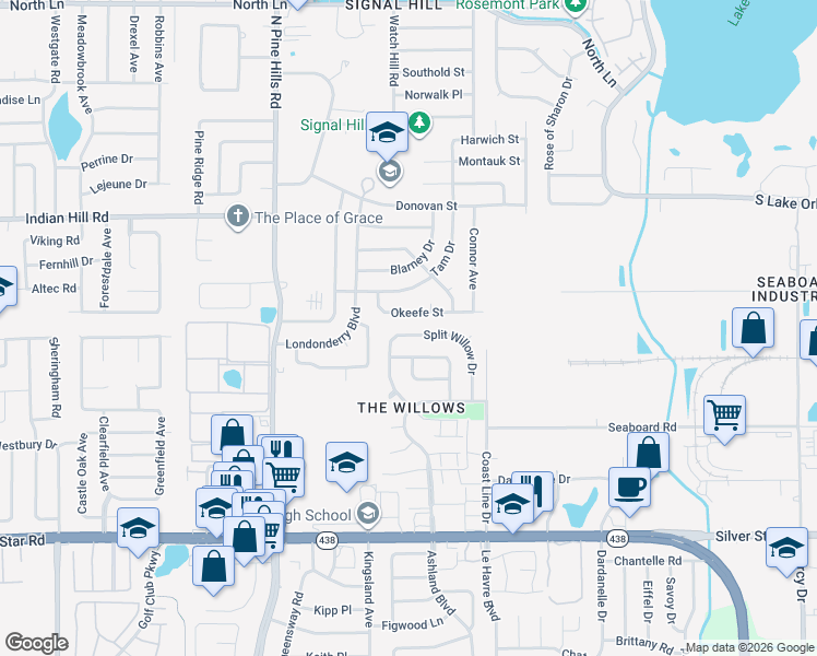 map of restaurants, bars, coffee shops, grocery stores, and more near 4802 Okeefe Street in Orlando