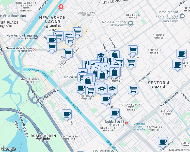 map of restaurants, bars, coffee shops, grocery stores, and more near in Noida