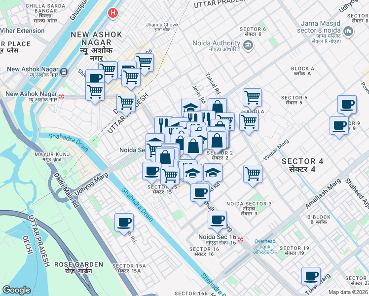map of restaurants, bars, coffee shops, grocery stores, and more near in Noida